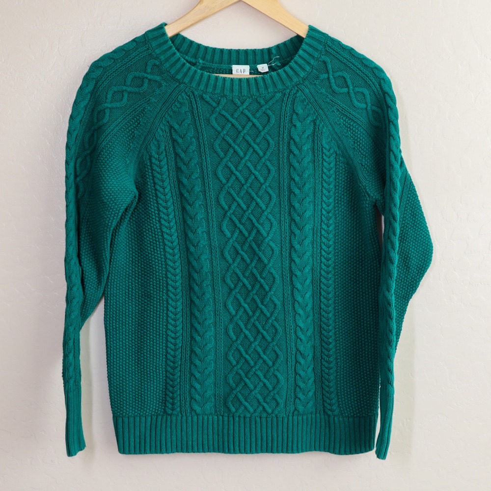 GAP Cable Knit Fisherman Crewneck Sweater Jewel Green Raglan Women's M Cotton